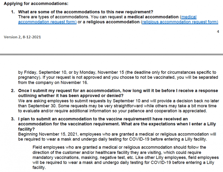 Excerpt from Q&A document detailing accommodations, field employees