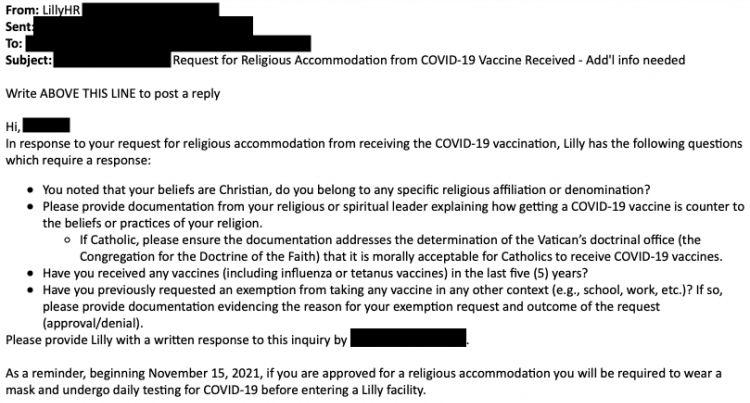 Lilly reportedly sent follow-up questions to some seeking religious exemptions, questions they resented.