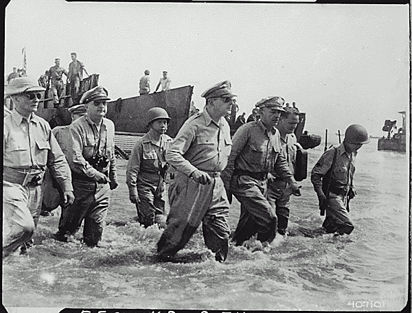 General Douglas MacArthur wades ashore during initial landings at Leyte, Philippine Islands. Army Signal Corp Photo, NARA ID 531424 General Douglas MacArthur wades ashore during initial landings at Leyte, Philippine Islands. Army Signal Corp Photo, NARA ID 531424
